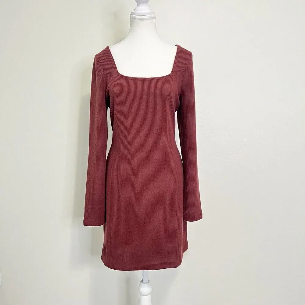 MADEWELL Ribbed Bodycon Mini Dress Large Red Knit Long Sleeve NI651 NEW